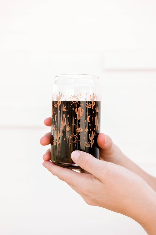 Orange Cactus Glass Can w/ Lid and Straw - The Care Collective